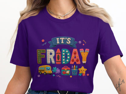 Purple t-shirt with "It's Friday" graphic and school-themed icons.