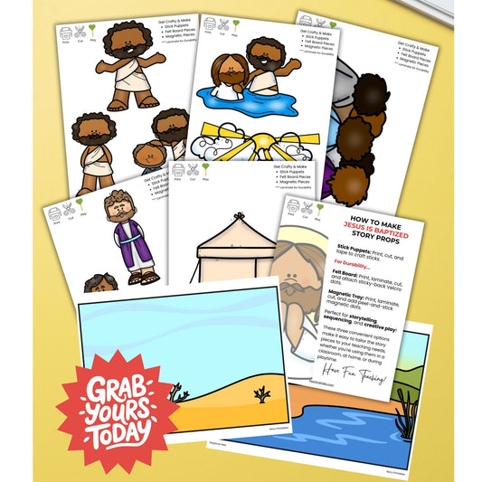 Educational materials with stick figure characters and desert scene on a yellow background