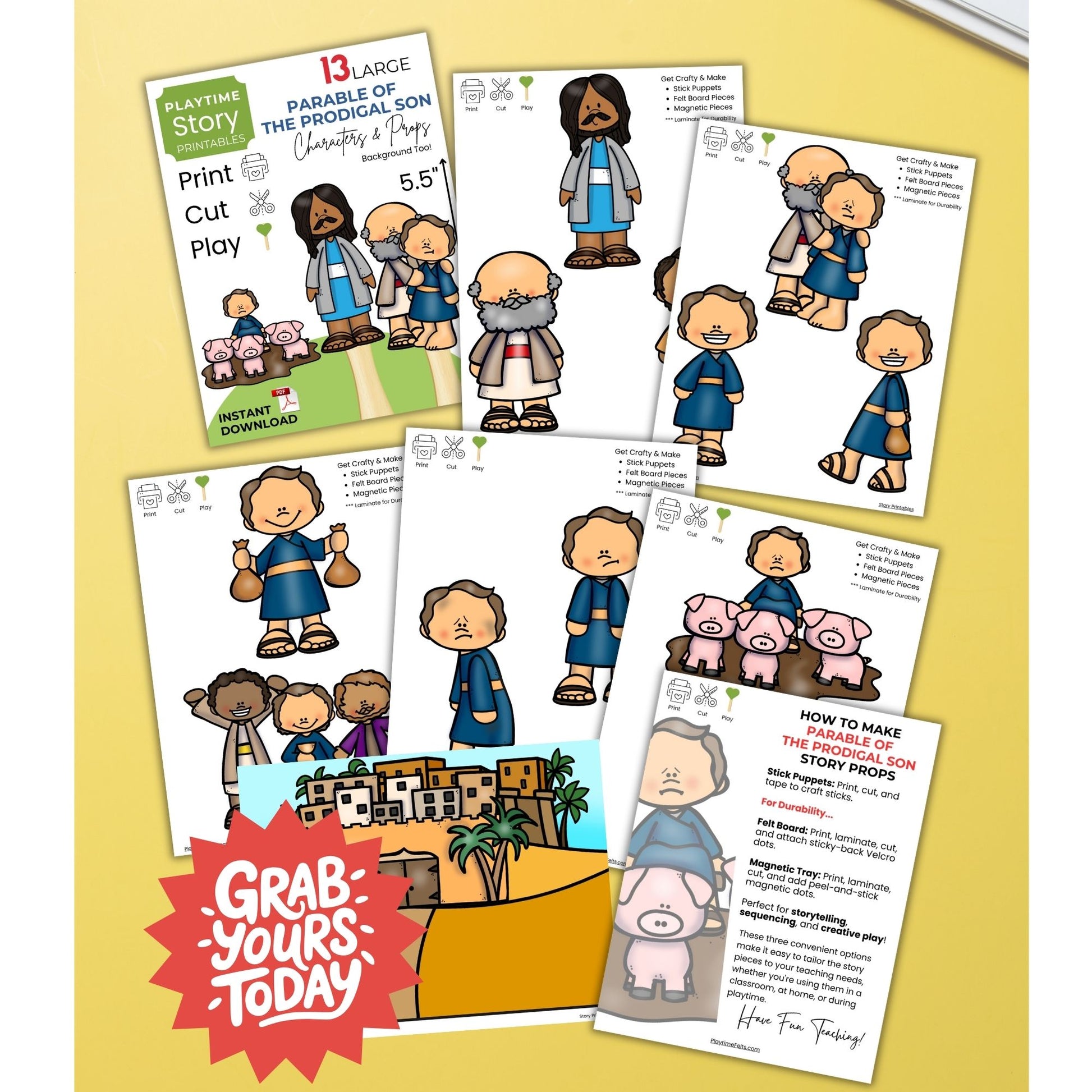 Educational materials for teaching the Parable of the Prodigal Son on a yellow background