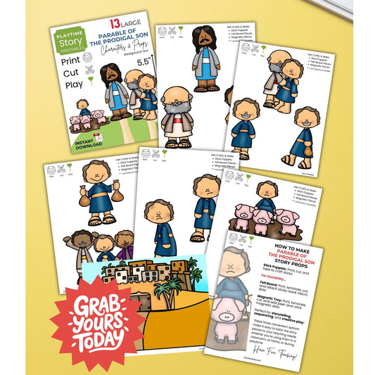 Educational materials for teaching the Parable of the Prodigal Son on a yellow background