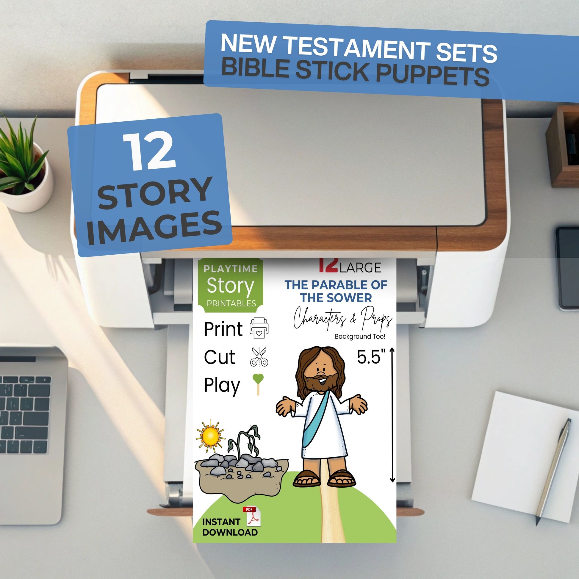 Bible stick puppets packaging with a printer and laptop on a desk