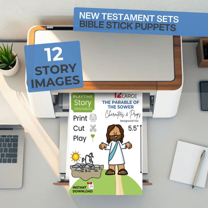 Bible stick puppets packaging with a printer and laptop on a desk
