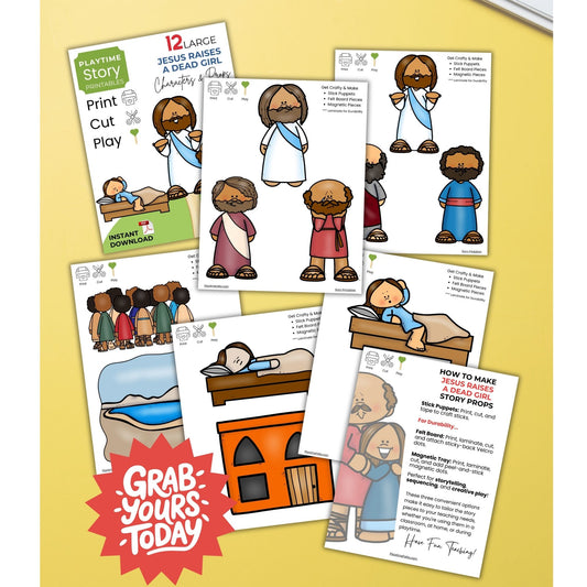 Educational printables for children's stories on a yellow background