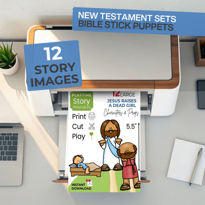 Bible stick puppets packaging with printer and laptop on a desk