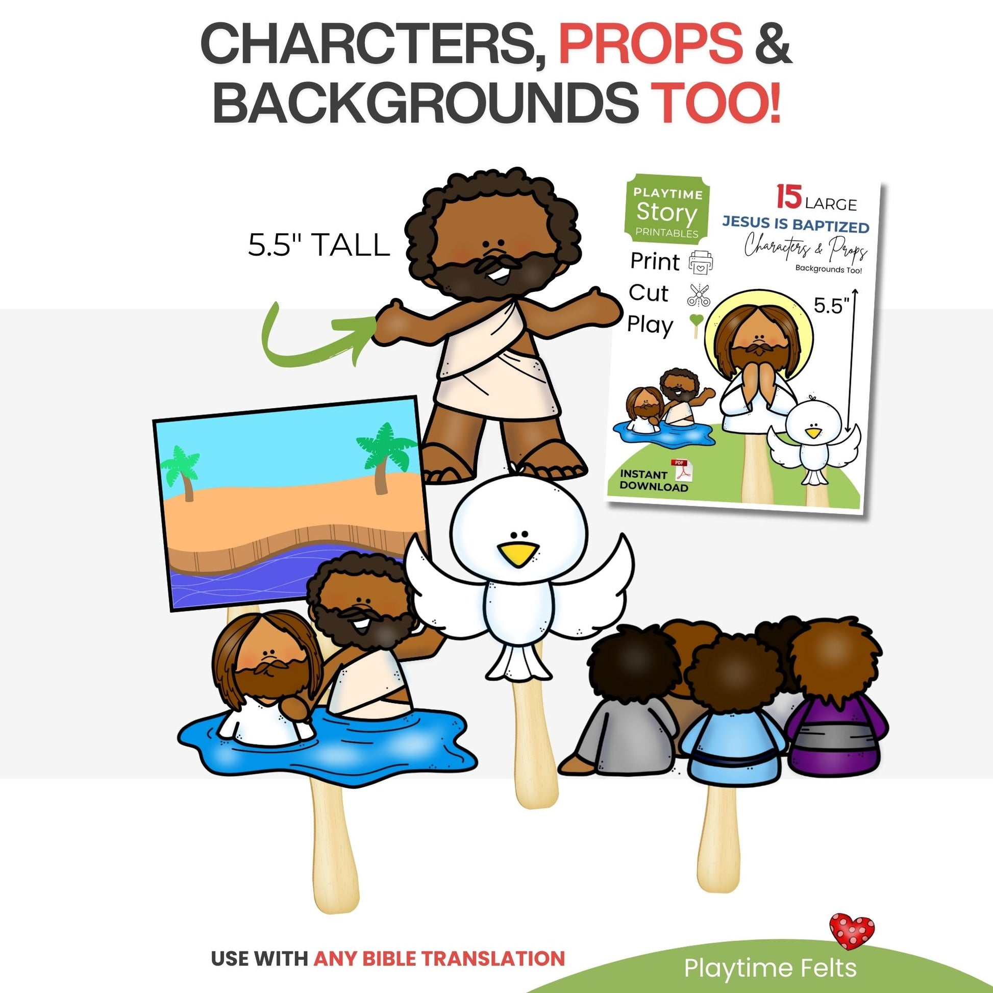 Illustrations of religious characters and props with text about printables and playsets.