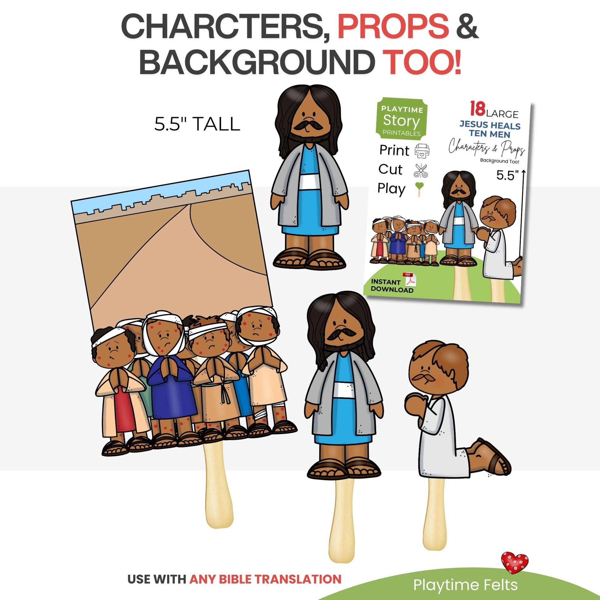 Set of paper dolls with characters, props, and background for educational use.