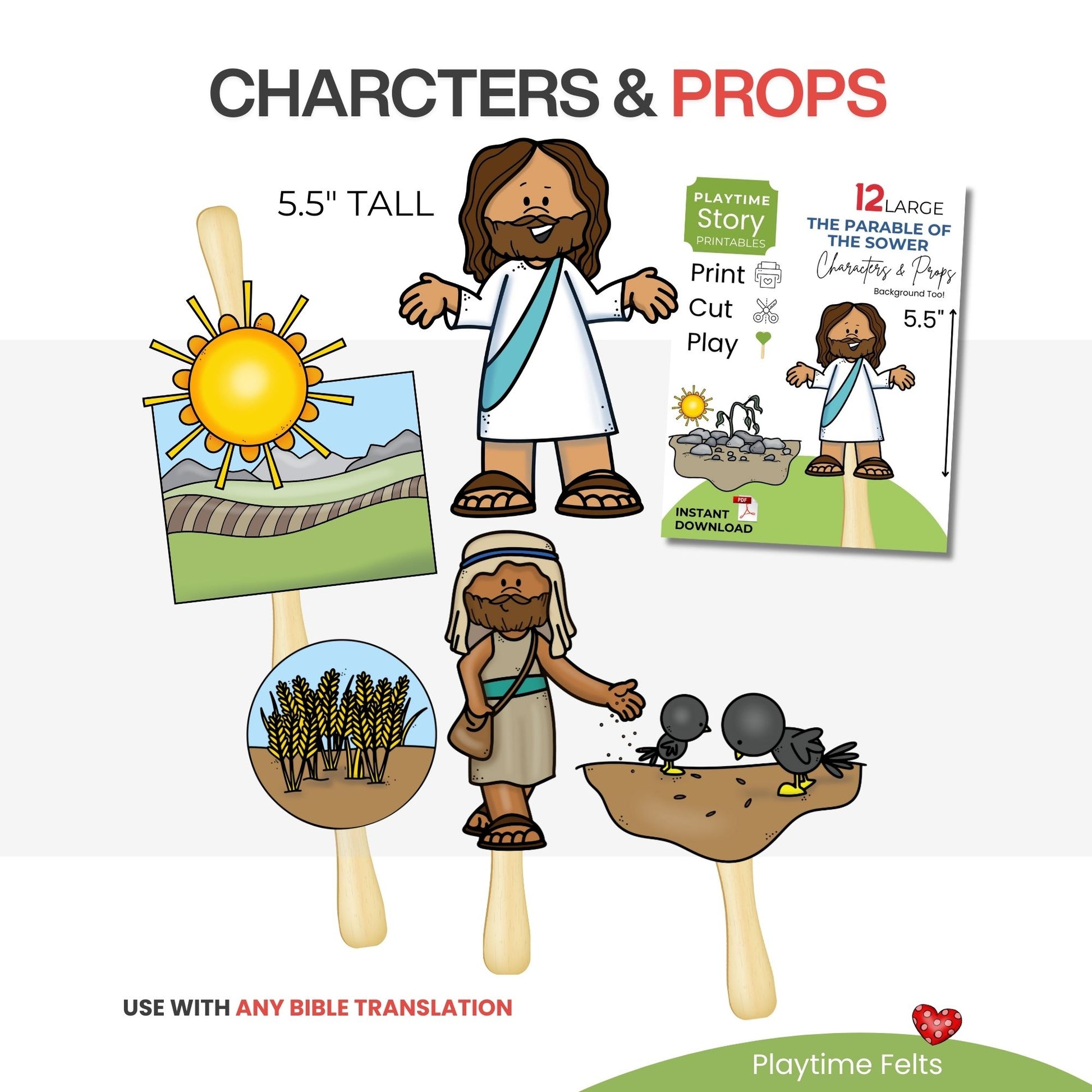 Set of printable stick puppet story props for a parable, including a sun, landscape, and characters on sticks.