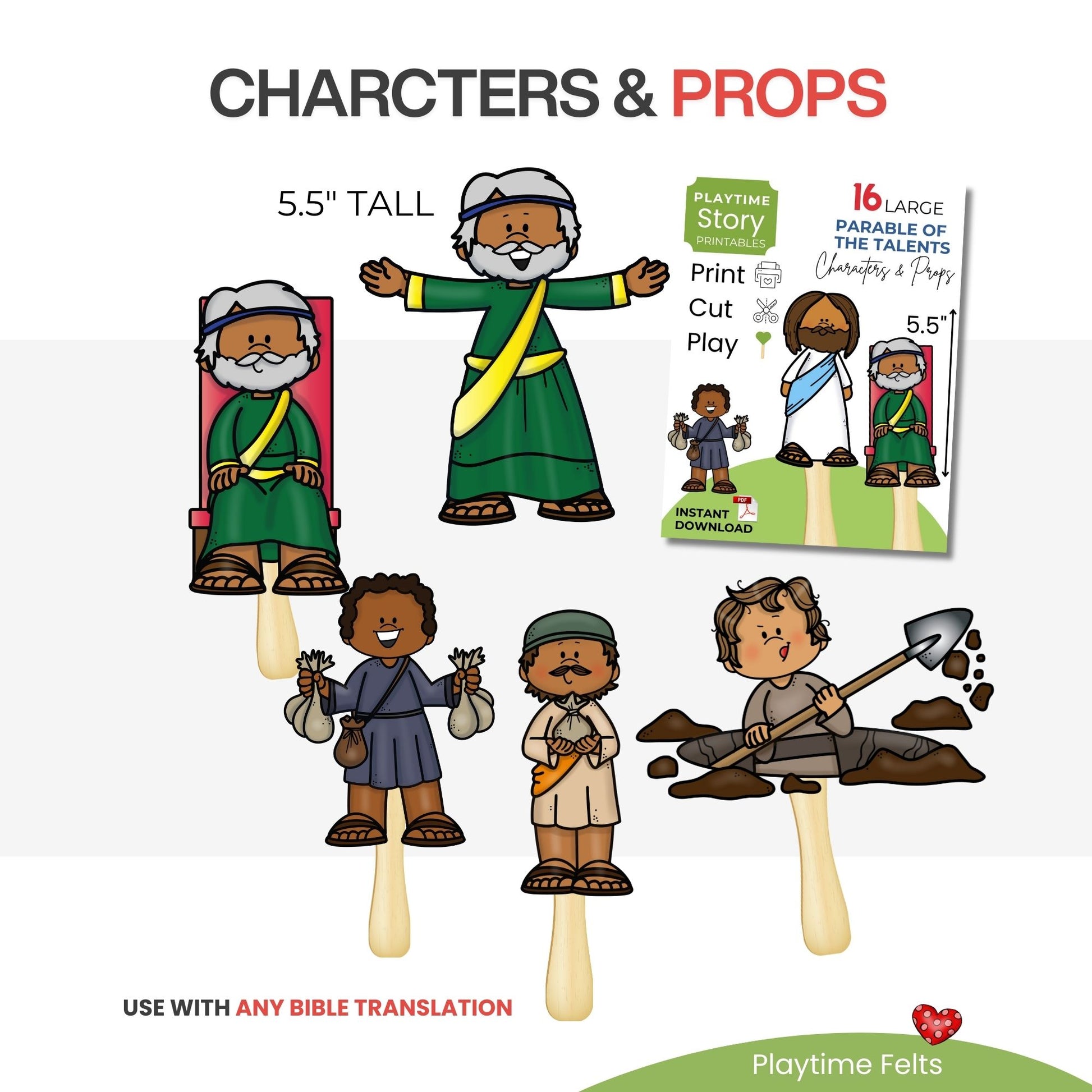 Set of cut-out character figures on sticks with packaging labeled 'Characters & Props' on a white background.