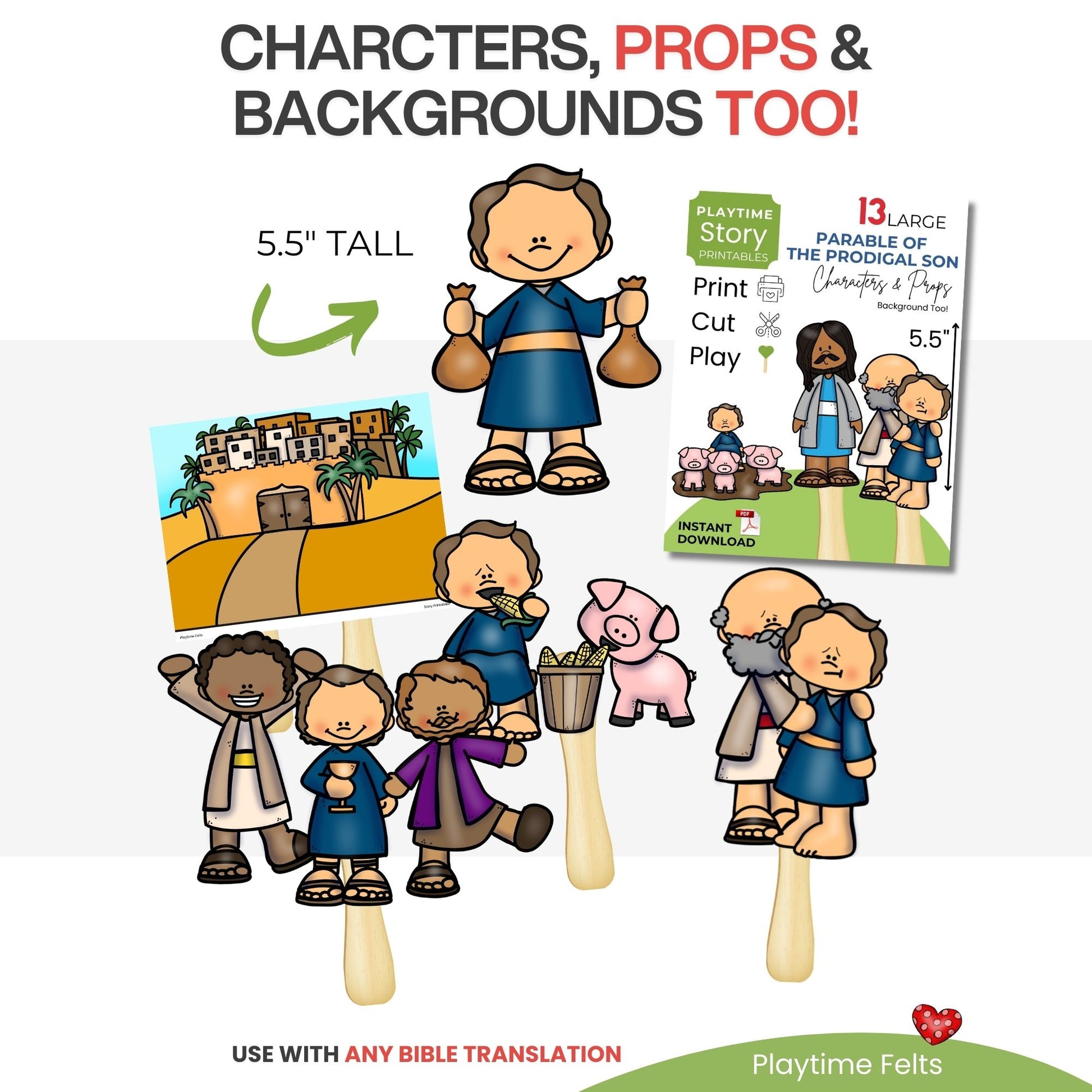 Set of character cutouts with props and background for storytelling, including a boy with bags, a village scene, and people with different poses.