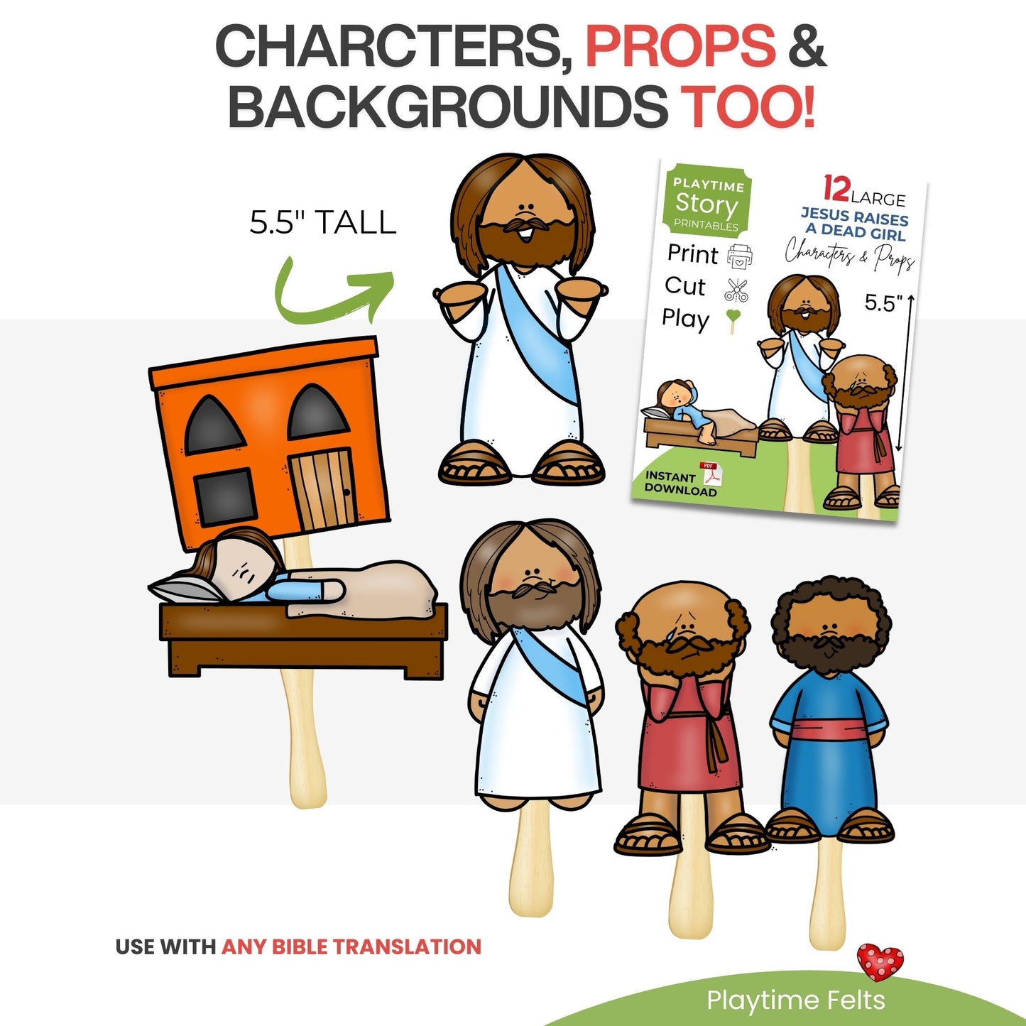 Playtime Story characters, props, and backgrounds for a Bible story with text and illustrations.