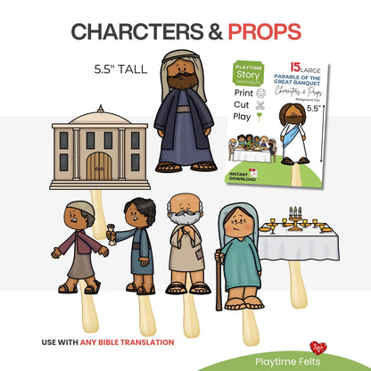 Set of paper dolls and props for a Bible story, including a temple, characters, and a parable scene.