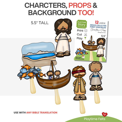 Set of paper characters and props for a Bible story, including Jesus, disciples, and a boat with fish.