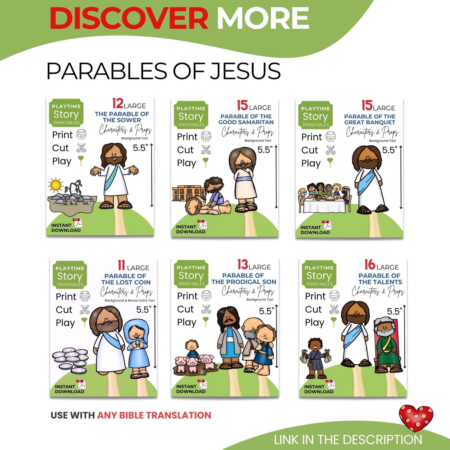 Parables of Jesus educational materials with characters and text on a white background