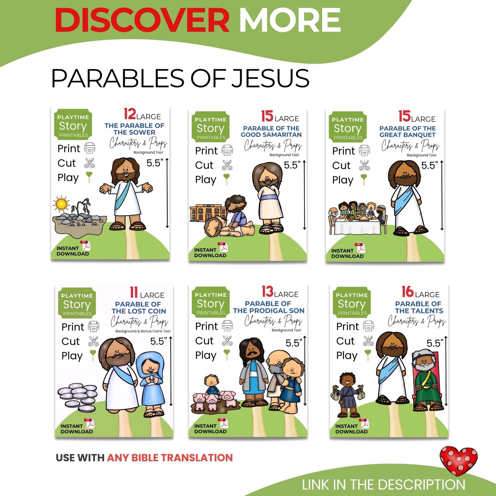 Parables of Jesus educational materials with characters and text on a white background