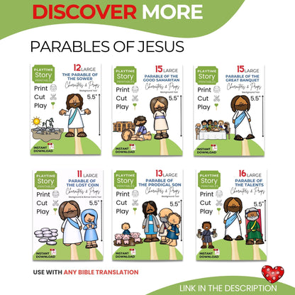 Parables of Jesus educational materials with characters and text on a white background