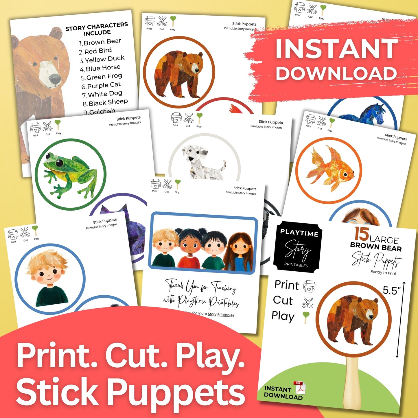 Brown Bear Stick Puppet Printables, Classroom Activity (PDF)