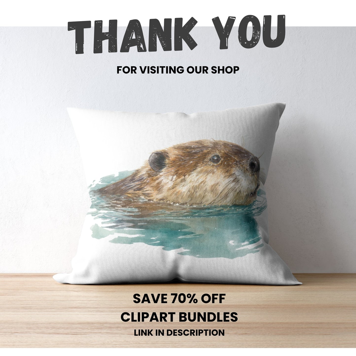 Pillow with a beaver design on a wooden surface, with promotional text above.