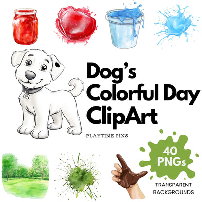 Dog's Colorful Day ClipArt set with a cartoon dog, colorful splashes, and text on a white background.