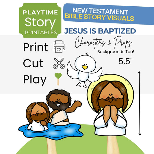 Illustration of Jesus being baptized with text about New Testament Bible story printables.