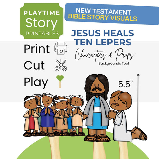 Bible story visuals for 'Jesus Heals Ten Lepers' with characters and props, including a ruler for scale.