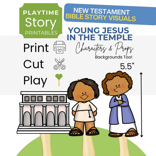Advertisement for Playtime Story printables featuring Young Jesus in the Temple with characters and props.