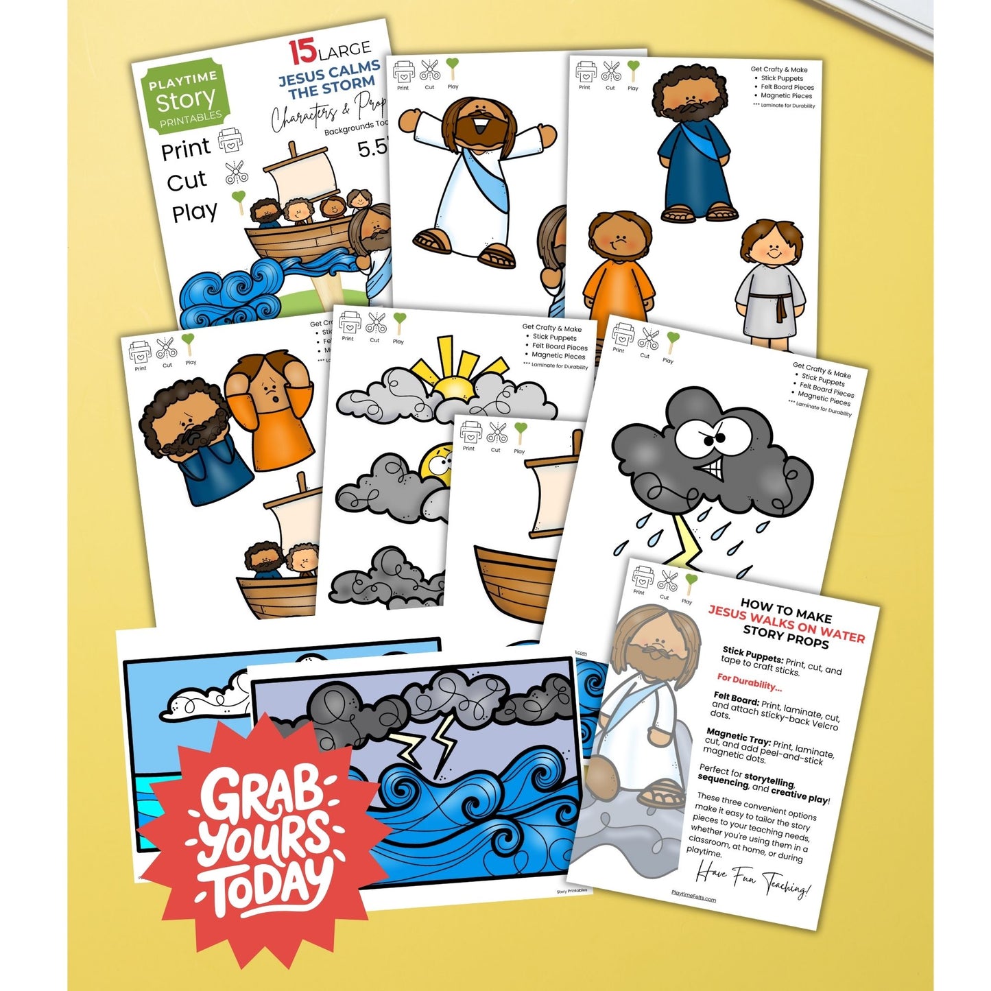 Educational children's printables with religious theme on a yellow background