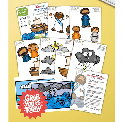 Educational children's printables with religious theme on a yellow background