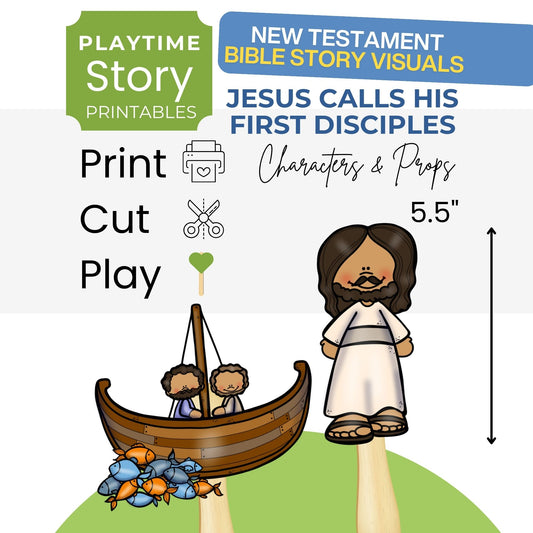 Bible story visual set for 'Jesus Calls His First Disciples' with print, cut, play elements.
