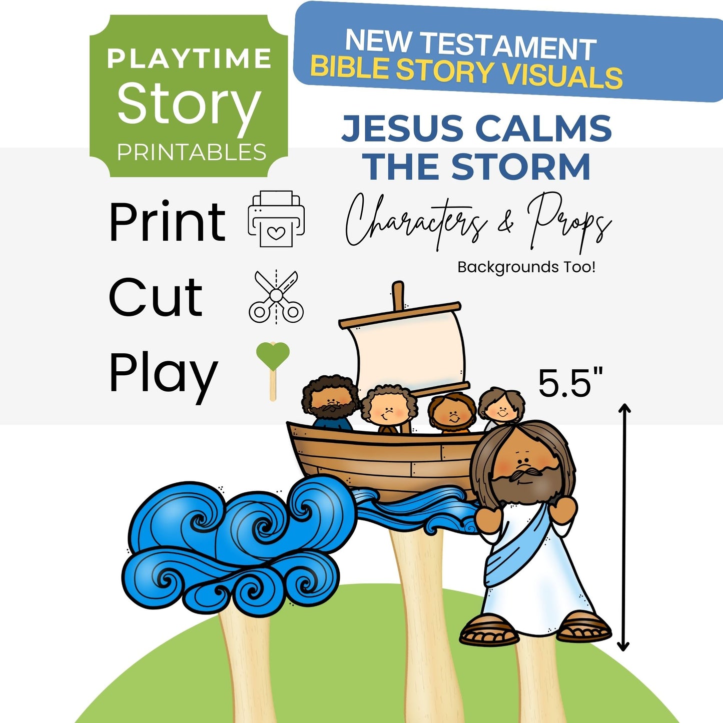 Illustration of Jesus calming the storm with children in a boat, labeled 'Playtime Story Printables' and 'New Testament Bible Story Visuals'.