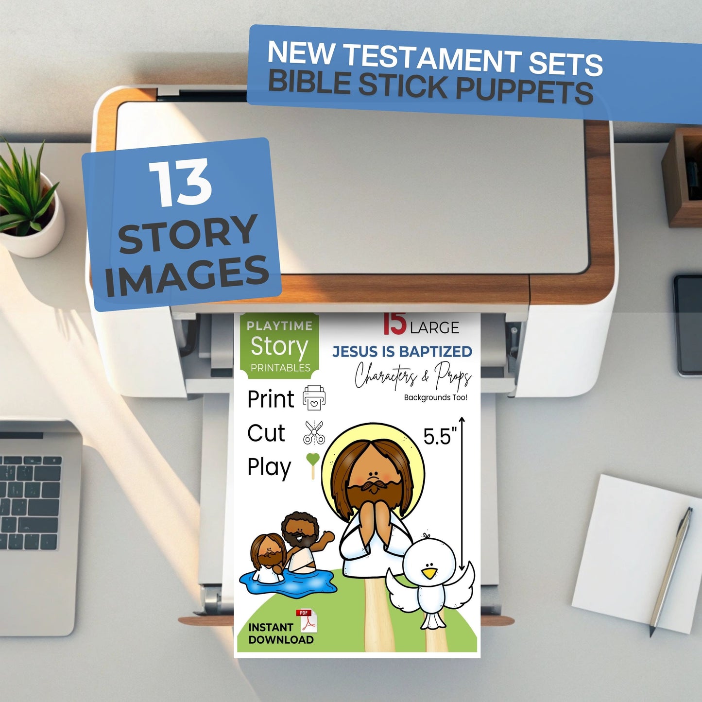 Bible stick puppets packaging with printer and laptop on a desk