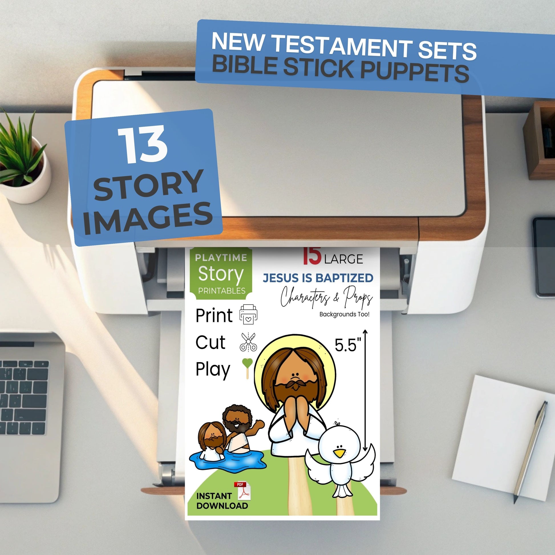 Bible stick puppets packaging with printer and laptop on a desk