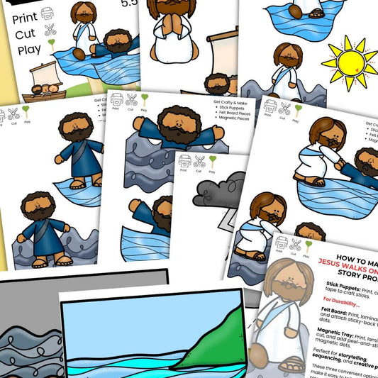Educational materials with illustrations of a character on water, including cut-out figures and scene pieces.