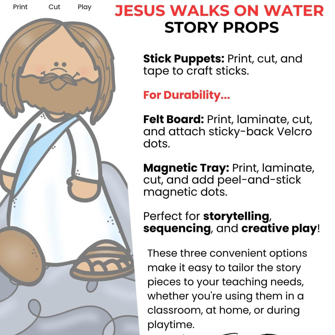 Instructions for making Jesus walks on water story props with stick puppets, felt board, and magnetic tray.