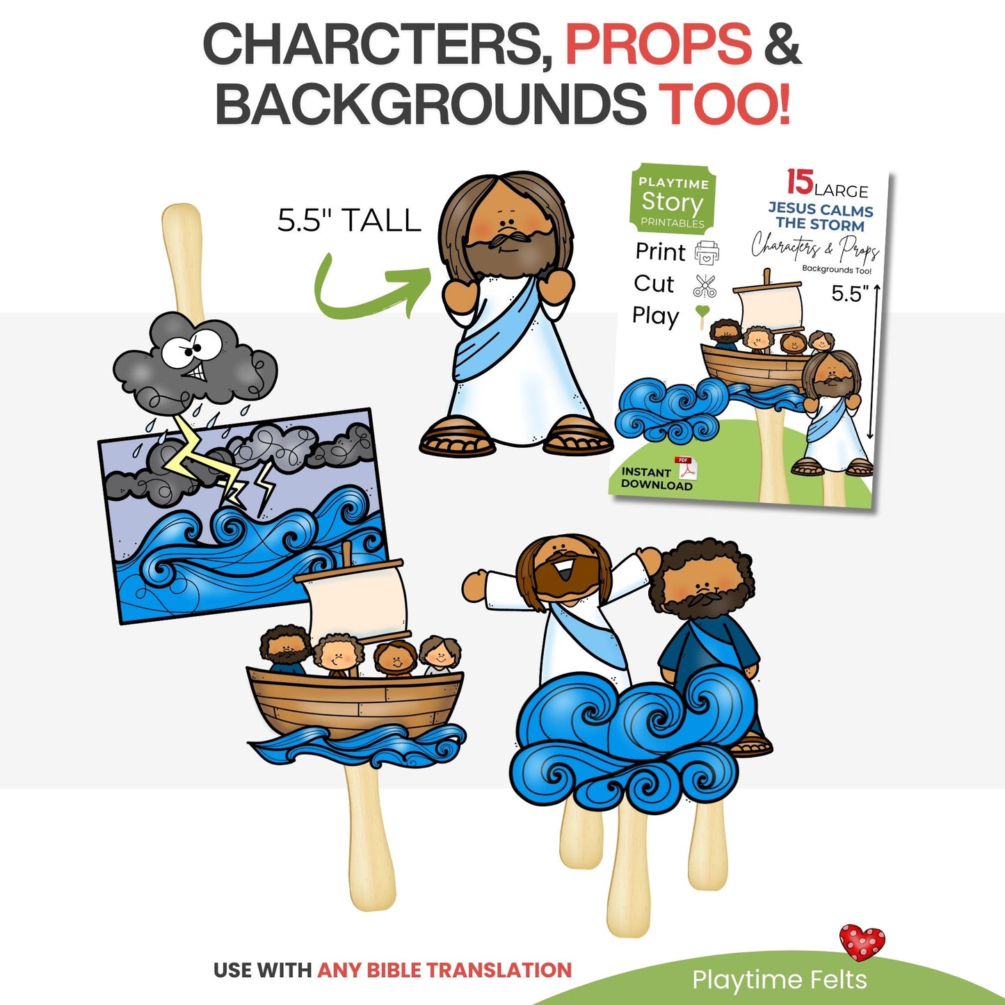 Illustrations of religious characters with props on a white background, featuring Playtime Story brand.