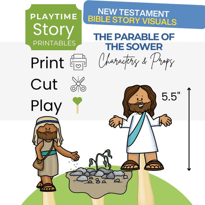 Illustration of two bible story characters with text about Playtime Story Printables for the Parable of the Sower.