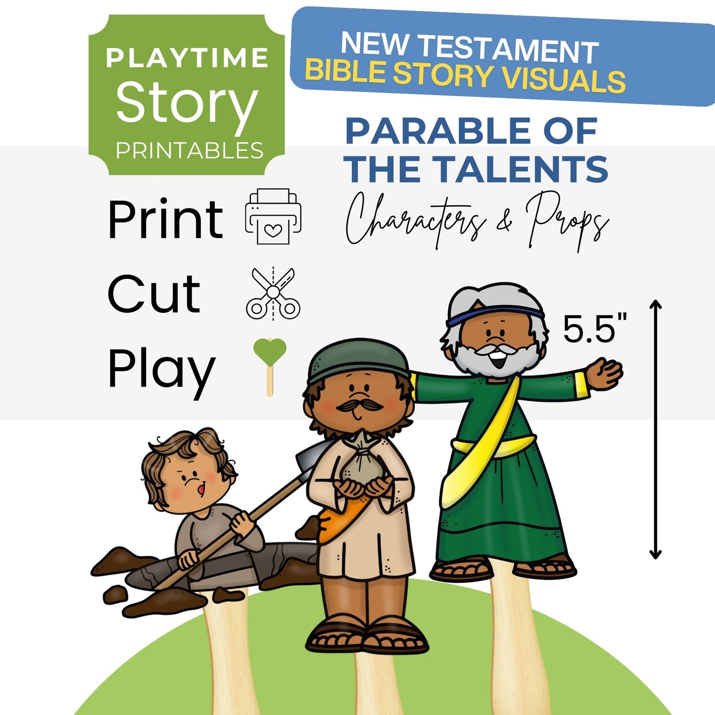 Bible story visual set for 'Parable of the Talents' with characters and props, labeled 'Playtime Story Printables'.