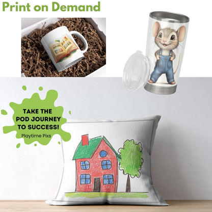 Promotional image with a mug, tumbler, and pillow featuring cartoon designs and text.