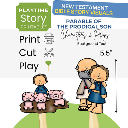 Illustration of characters from the Parable of the Prodigal Son with text about Playtime Story Printables.
