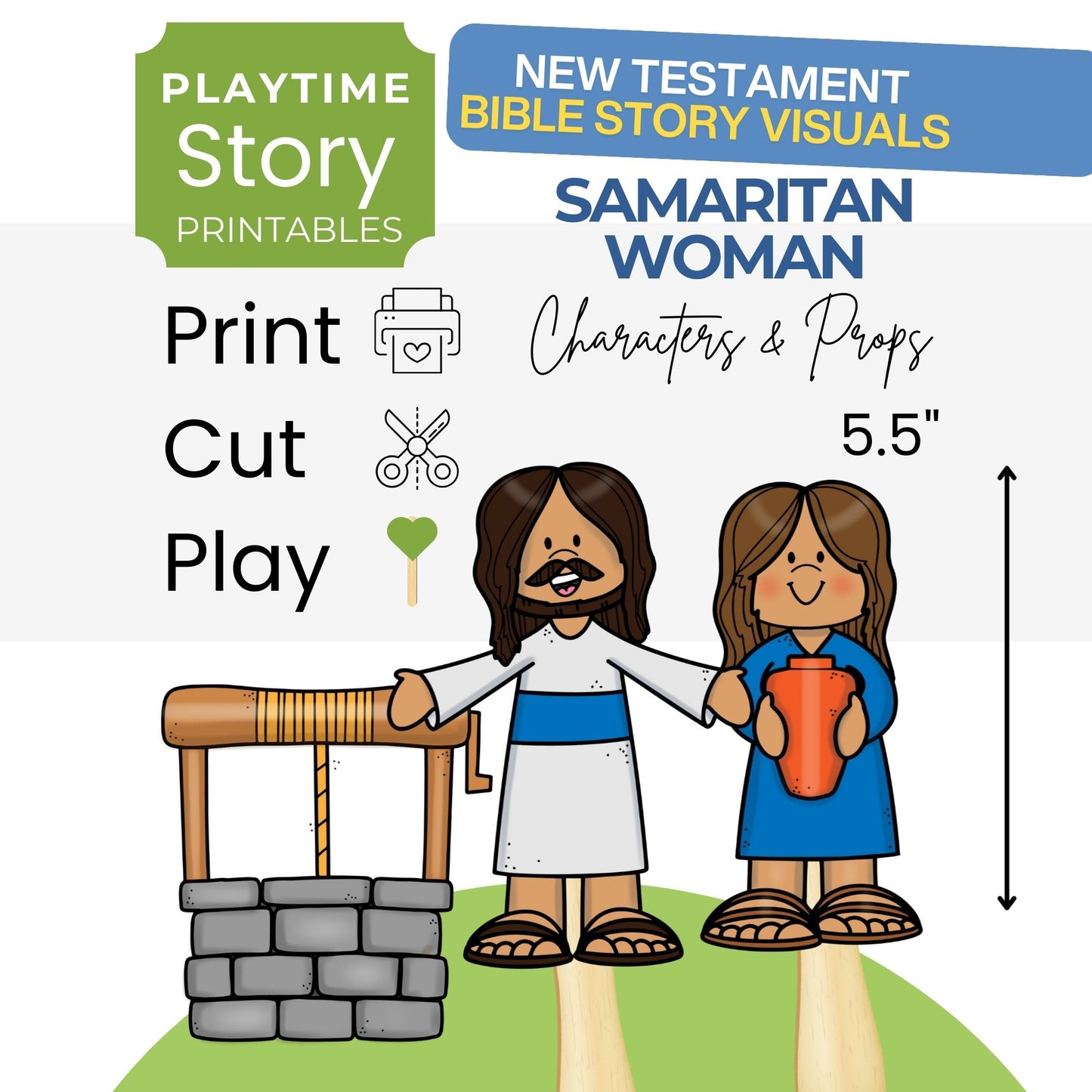 Illustration of two characters at a well with text about New Testament Bible story visuals for the Samaritan woman.