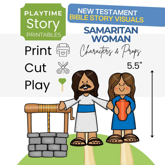 Illustration of two characters at a well with text about New Testament Bible story visuals for the Samaritan woman.
