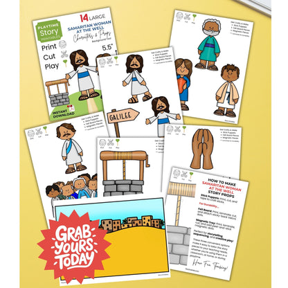 Educational printables for a story about a Samaritan woman at a well on a yellow background.