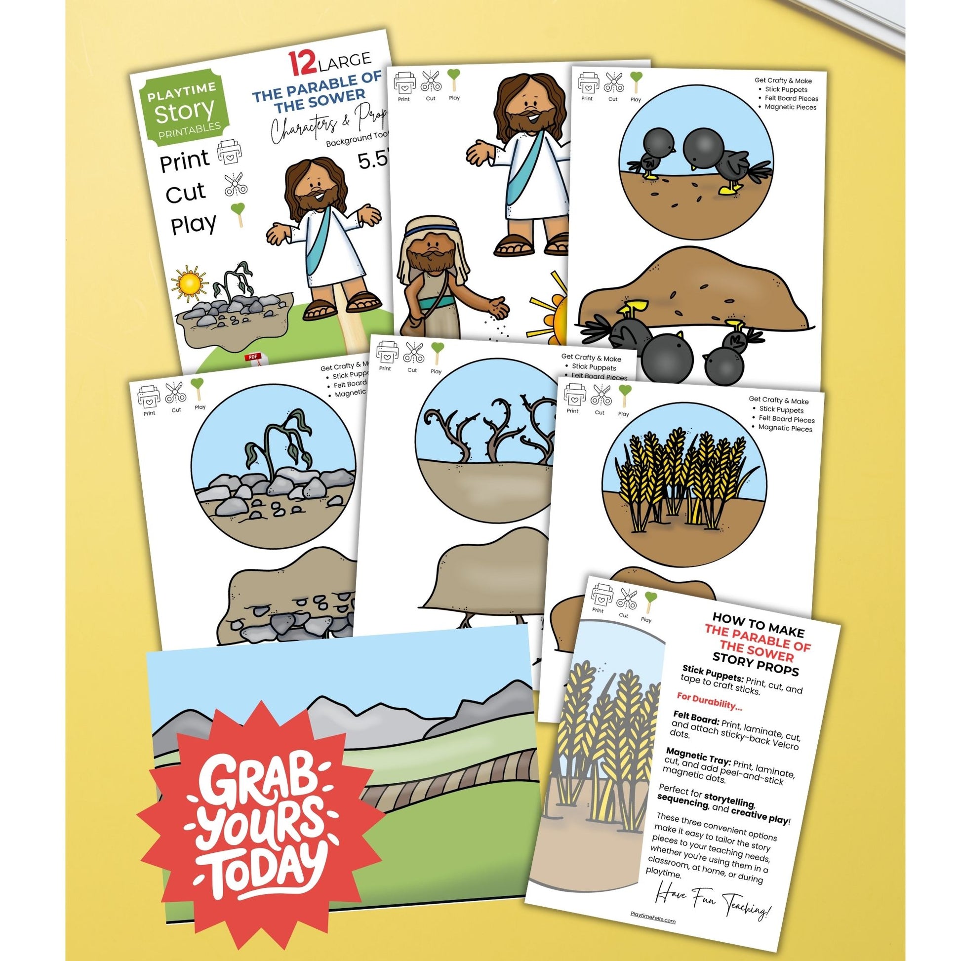 Educational printables with bible characters and scenes on a yellow background