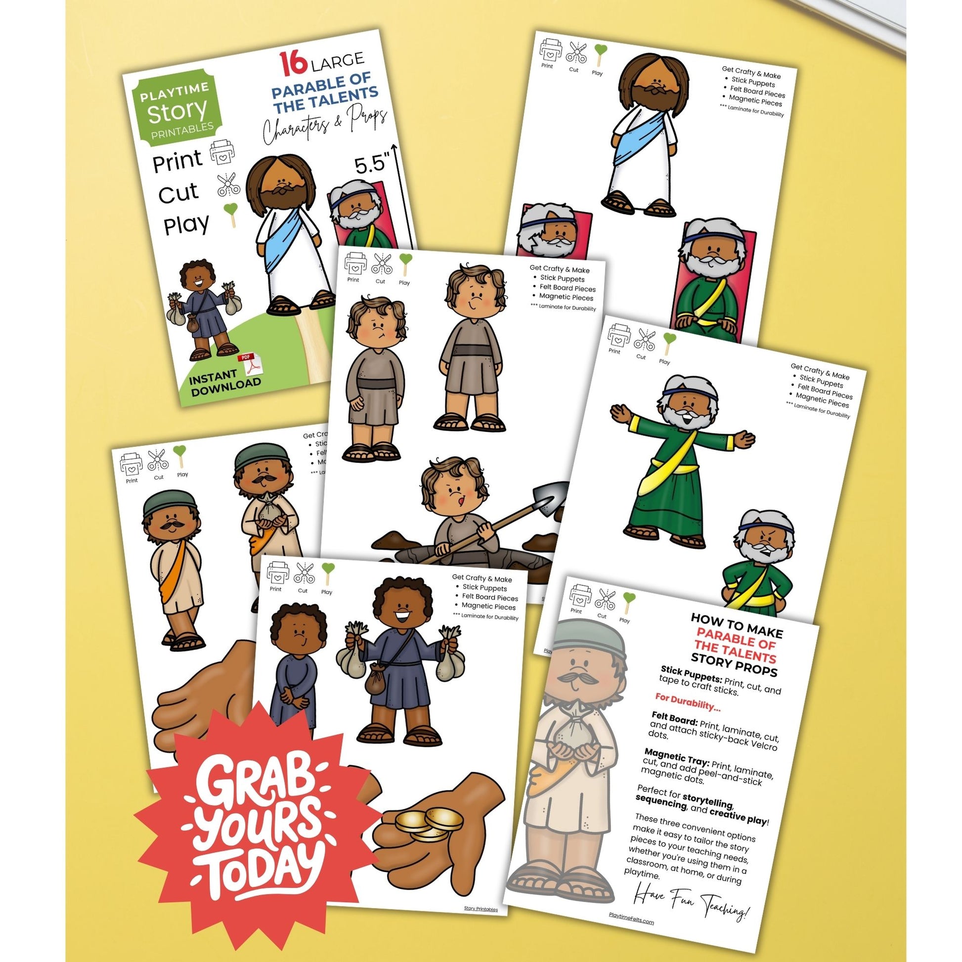 Set of printable character templates and instructions on a yellow background with 'Grab Yours Today' text.