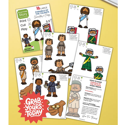 Set of printable character templates and instructions on a yellow background with 'Grab Yours Today' text.