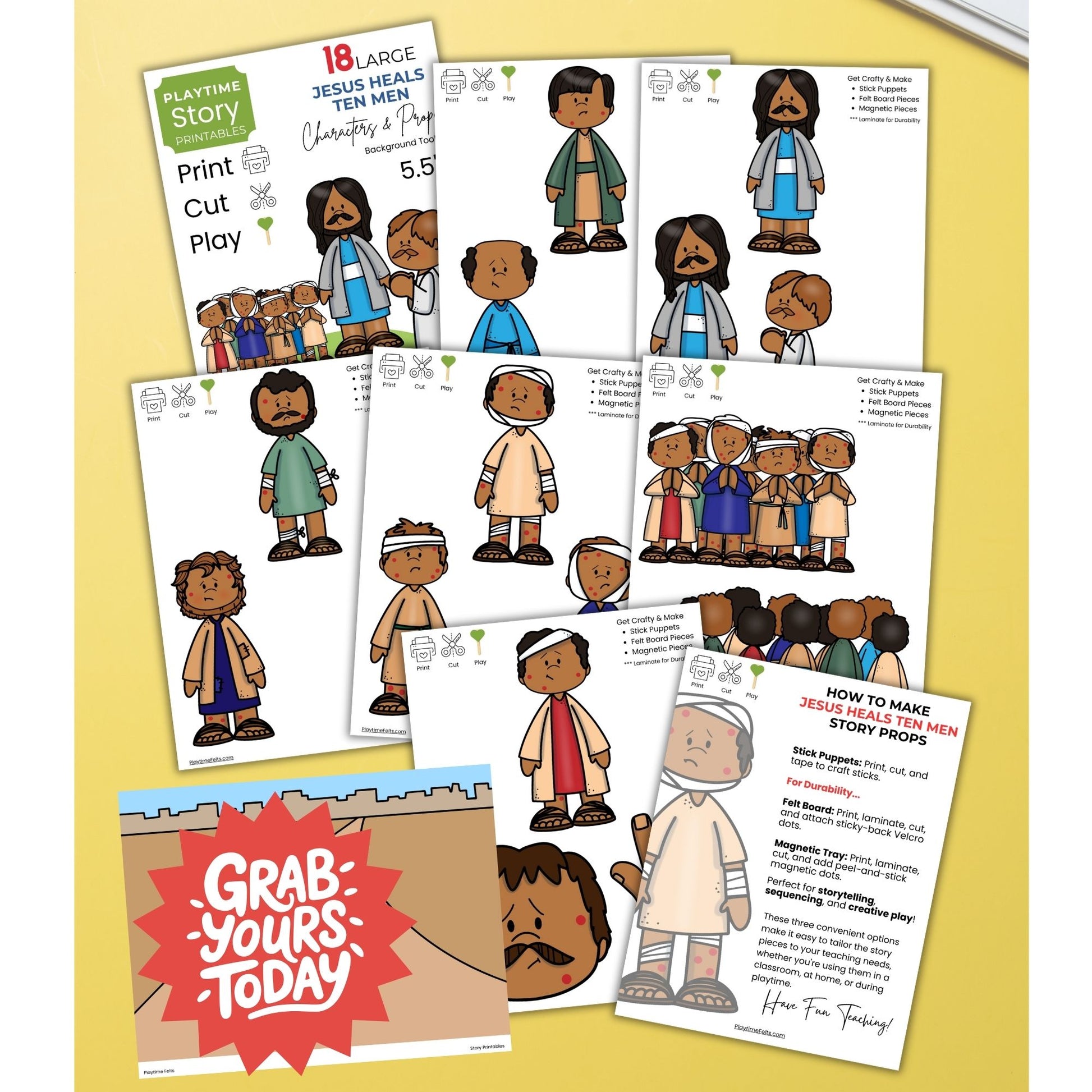 Educational printables with character illustrations and text on a yellow background