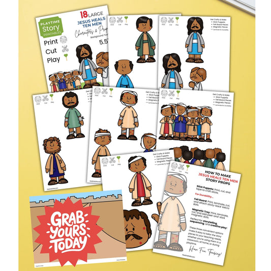 Educational printables with character illustrations and text on a yellow background