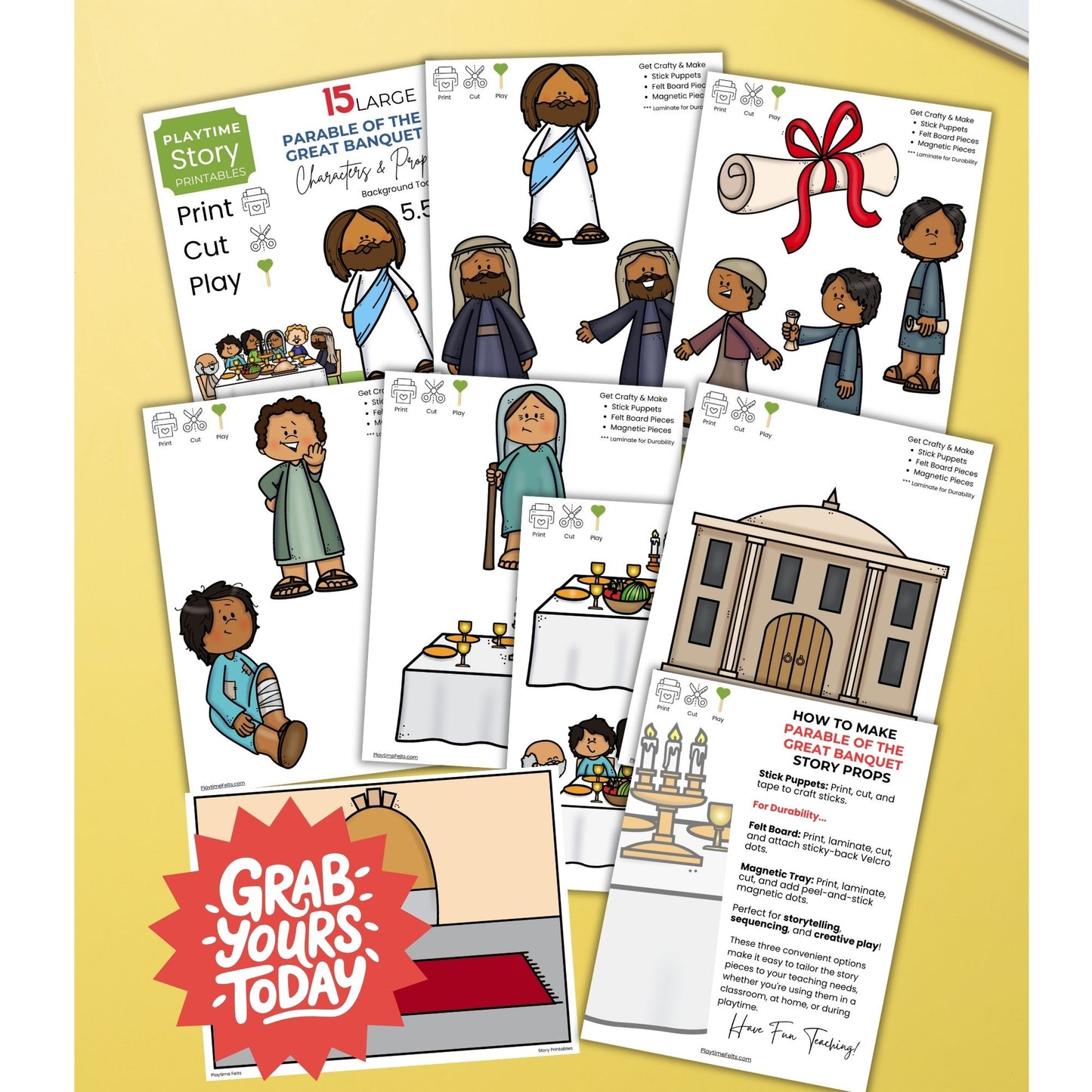 Educational printables with characters and scenes on a yellow background