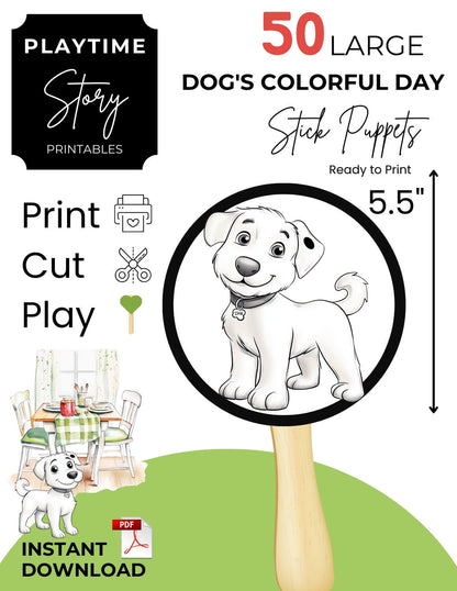 Printable story characters and props for Dog’s Colorful Day, designed for stick puppets, felt boards, and magnetic storytelling.