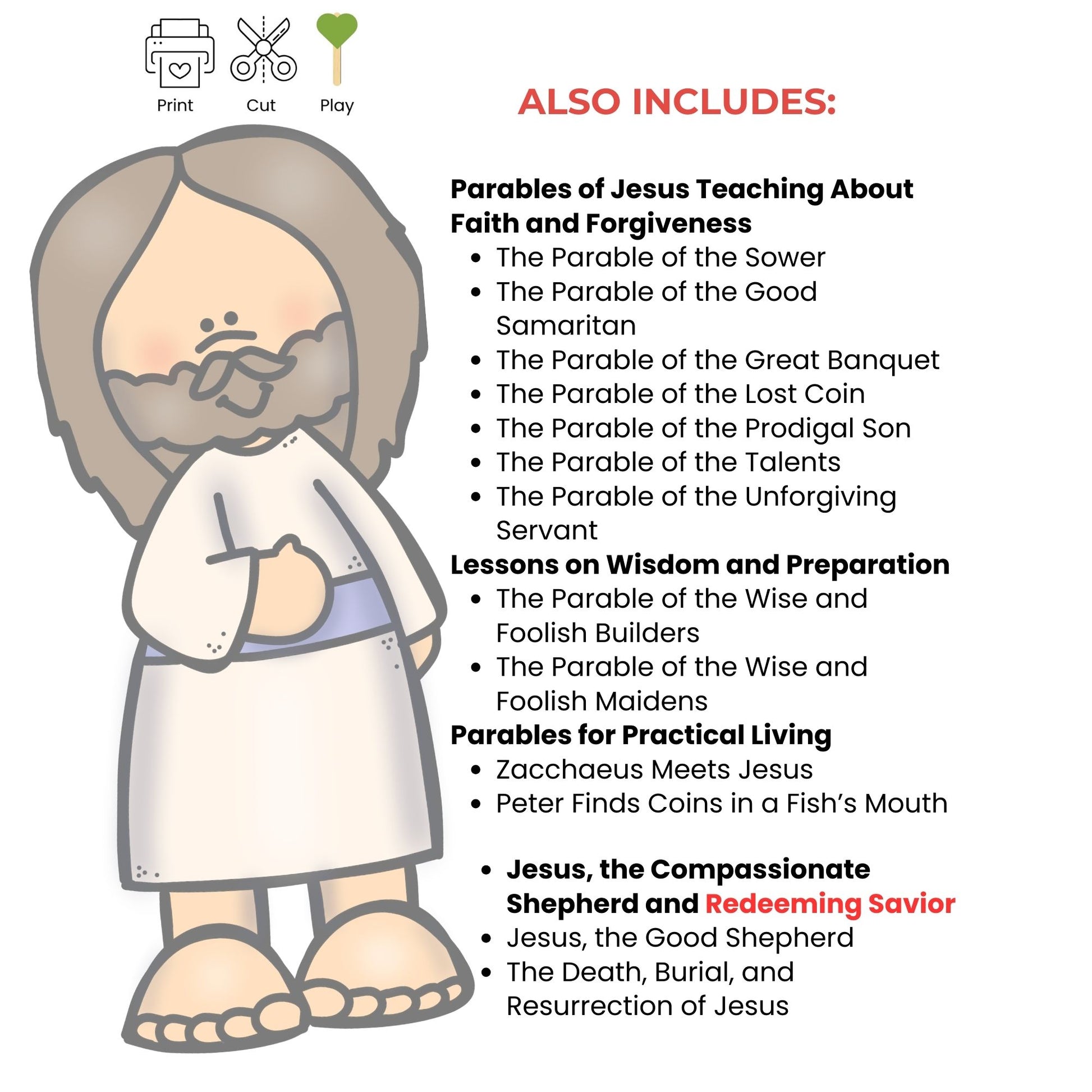 Illustration of a person with a list of parables and lessons on a white background