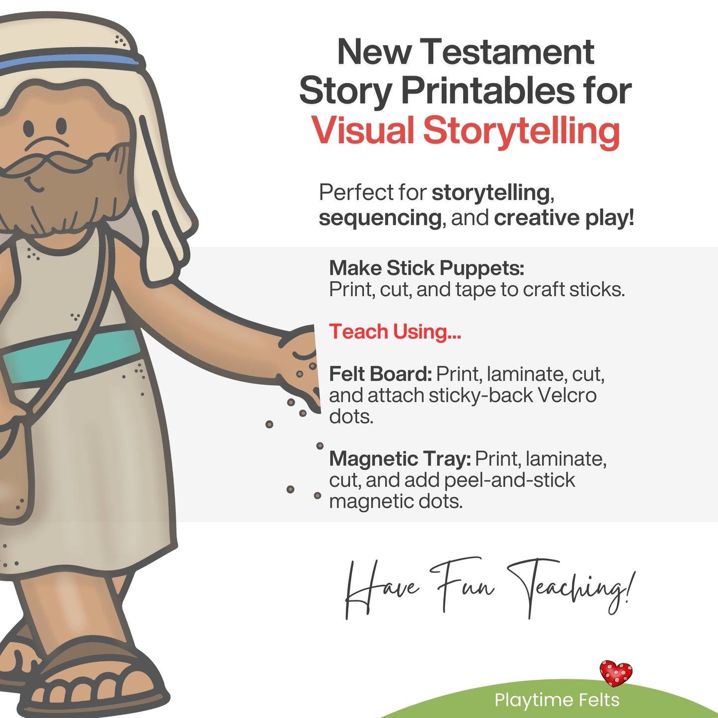 Cartoon character holding a stick with text about New Testament story printables for visual storytelling.